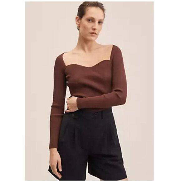 Mango MNG Sweetheart Neck Sweater Ribbed Knit Jumper in Brown Women's S - Picture 1 of 7